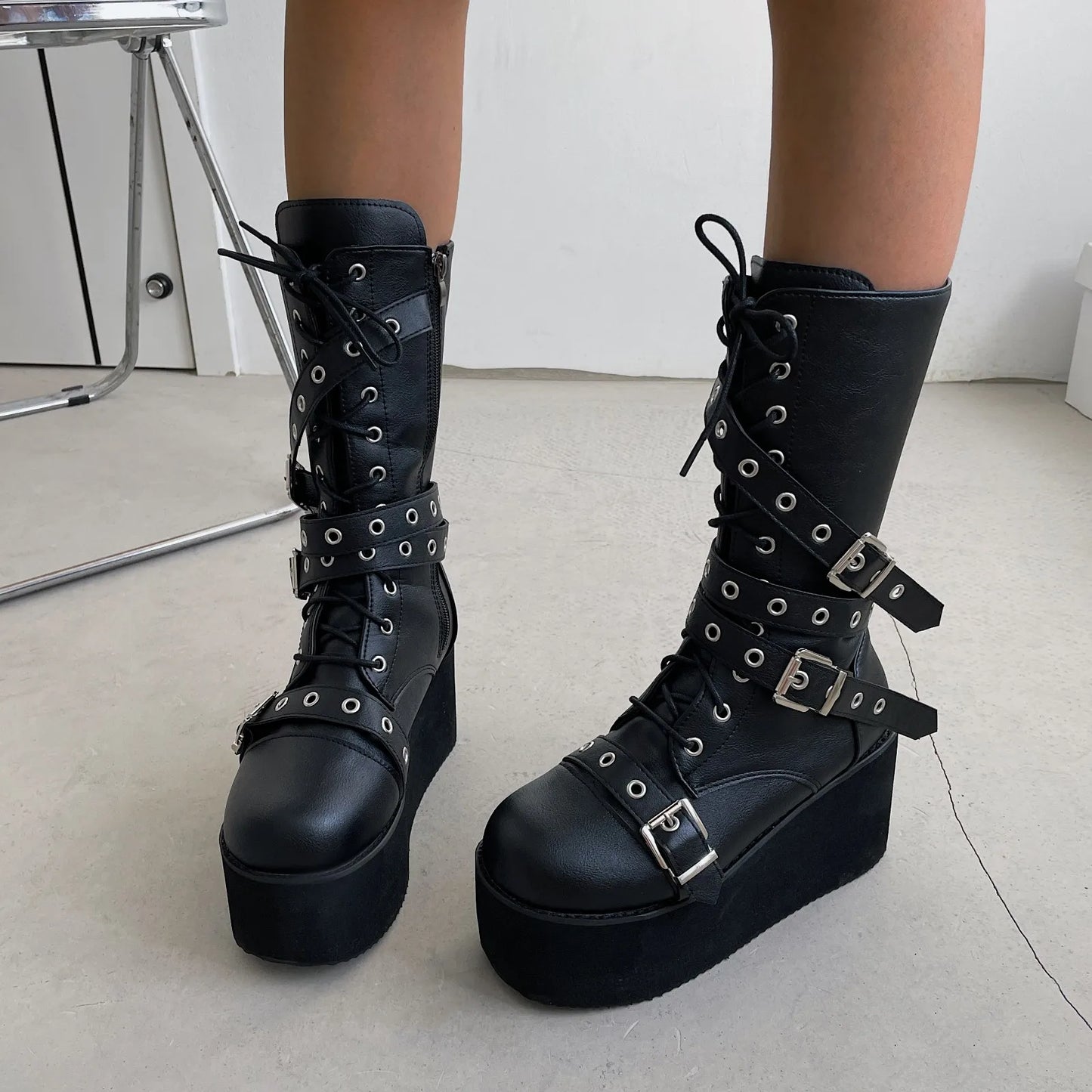NEW Arrivals Big Size 43 Women Boots Black Lace Up Buckle Round Toe Wedges Platform Boots Punk Goth INS Women Street Shoes