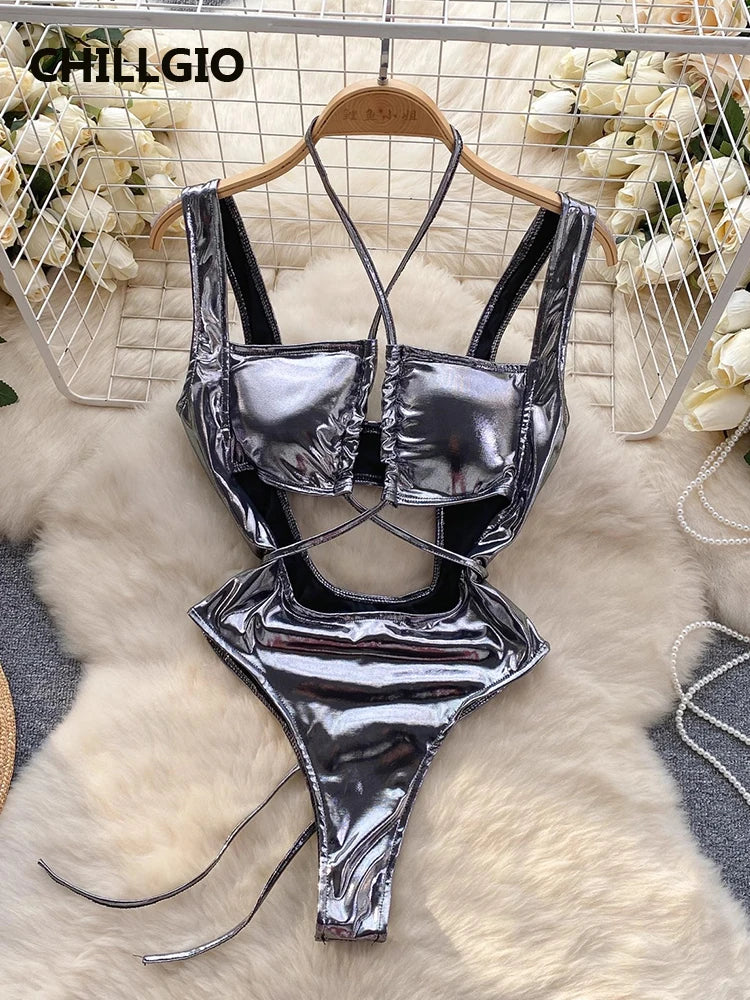 Just Arrived Gold/Silvery Color Women Sexy Metallic Feeling Jumpsuits Skirts Clothing Sets Hollowed Bandage Halter Rompers Combi-Pants Tracksuit Tight Bodysuits Evening Beach Party Night Clubwear Suit