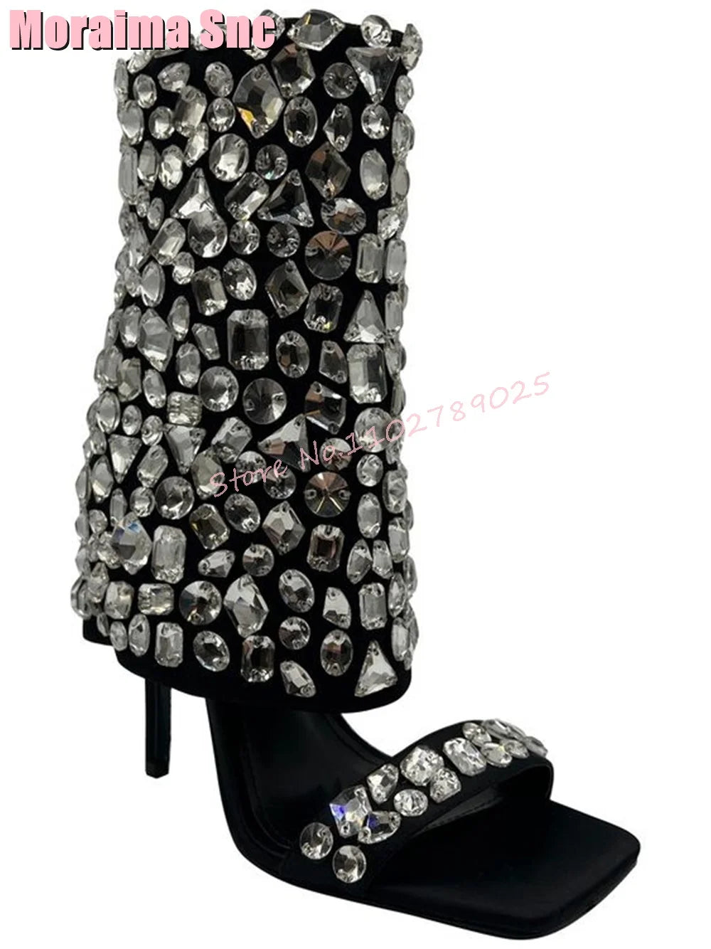 Full Crystal Luxury Square Toe Sandals Boots Mid Calf Stiletto High Heel Back Zipper Women Shoes Summer Fashion Black Solid