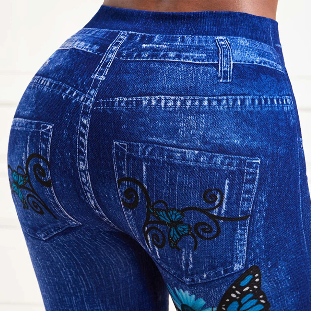 Plus Size Oversized Women High Waist Stretchy Legging Denim Look Skinny Leggings Ladies Fashion Print Pencil Pants Clothing