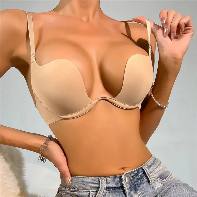 NEW 5 Colors Large Size Sexy Women Lingerie Backless Bras Underwear Deep V-Shaped Low Cut Push Up Bra Intimates Female Sport Yoga Bralette Low Back Invisible