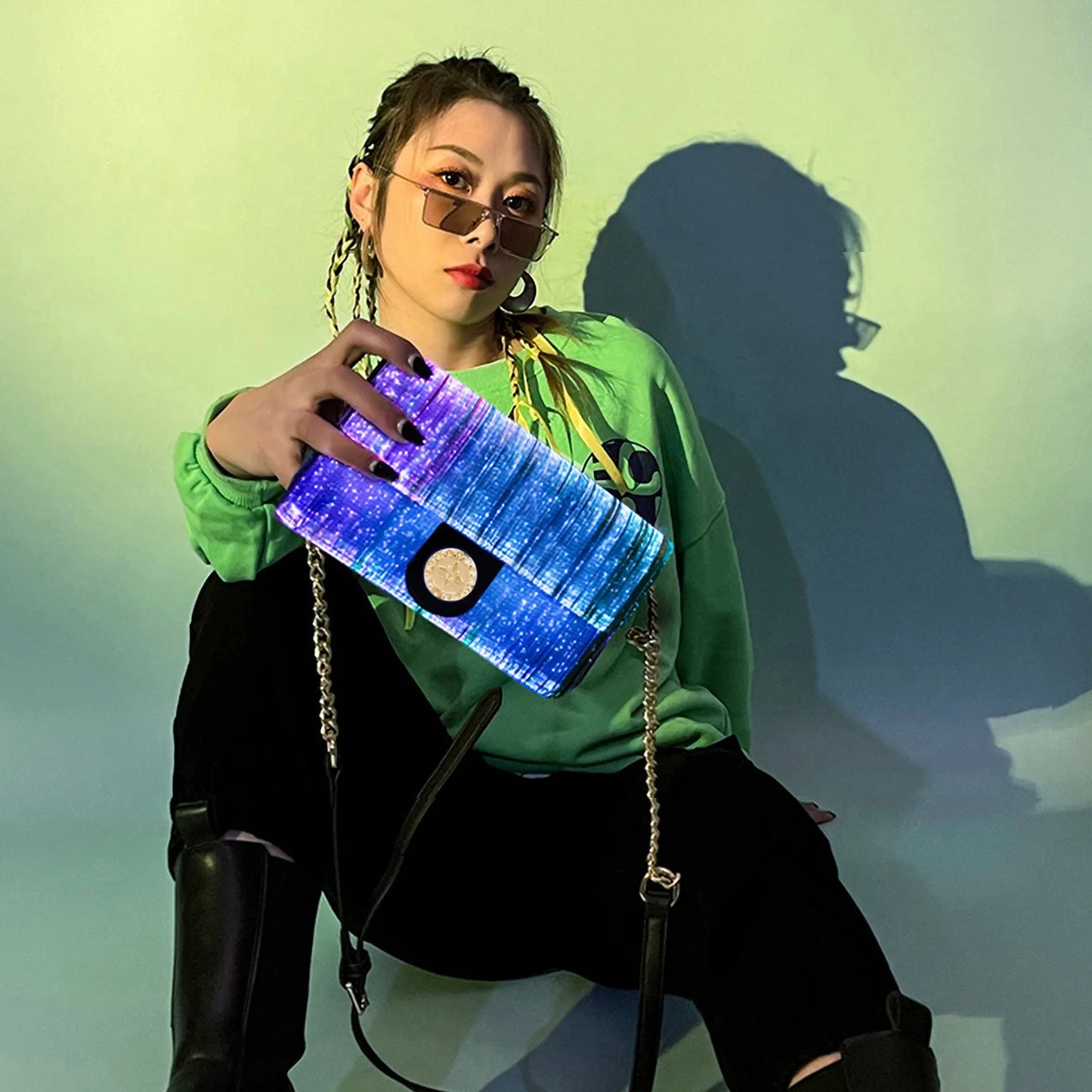 NEW Arrivals Luxury Colorful Luminous Square Reflective Light Bags For Women Ladies LED Light Shoulder Bag Optical Fiber Fabric Crossbody Purse Female Girls Luxury Fashion Apparel Accessories Supplies