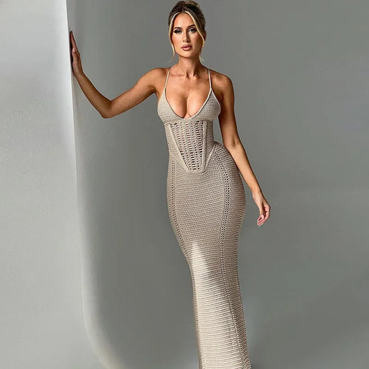 NEW Arrivals Black/White/Khaki Color Spring Summer New Women's Clothing Sexy Elegant Tank Long Dress Hollow Out System Backless Knit Dress Fashionable Open-Back Design Evening Beach Party Night Clubwear