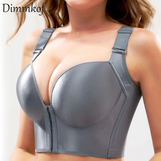 NEW Arrivals Plus Size 38(85)- 50(115) Pink/Black/Gray Colors Deep Cup Front Buckle Closure Bras Women's Hide Back Fat Full Coverage Underwear Wireless Thin Pad Luxury Shapewears