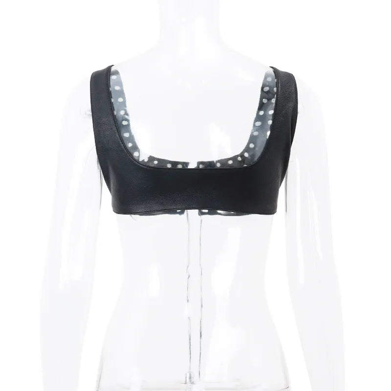 NEW Fashion PU Leather Lace Up Sleeveless Crop Tops Evening Rave Festival Party Night Clubwear Punk Sexy Cropped Camisole Top Tanks Streetwear Clothes