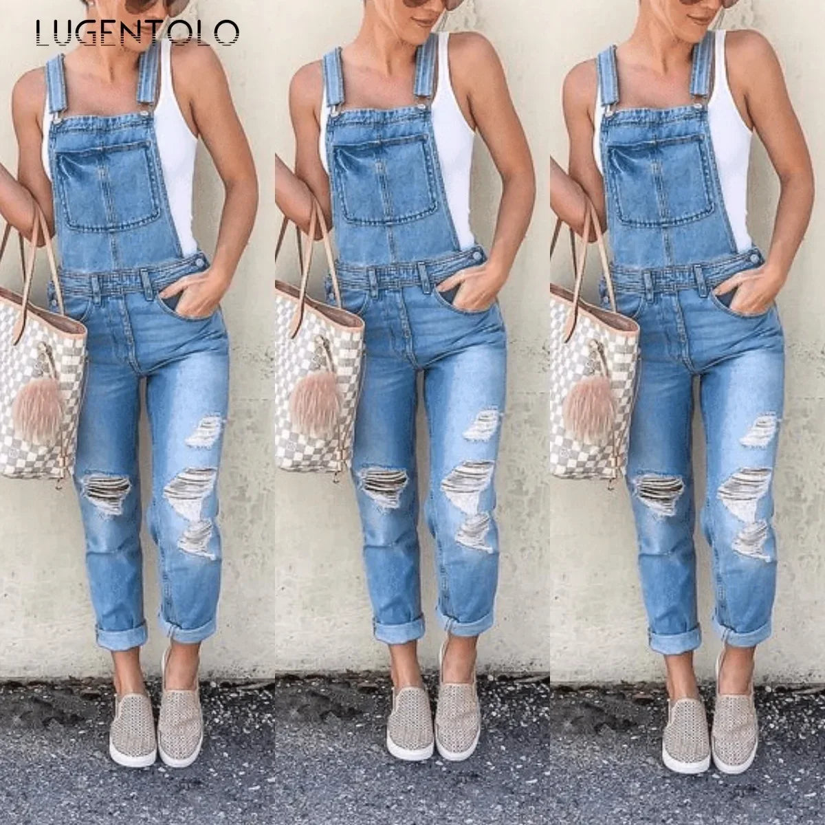 NEW Arrivals UK Size S-3XL Women Hole Denim Jumpsuit Overalls Casual Sport New Suspenders Ripped Female Washed Pocket Street Straight Leg long Jumpsuits