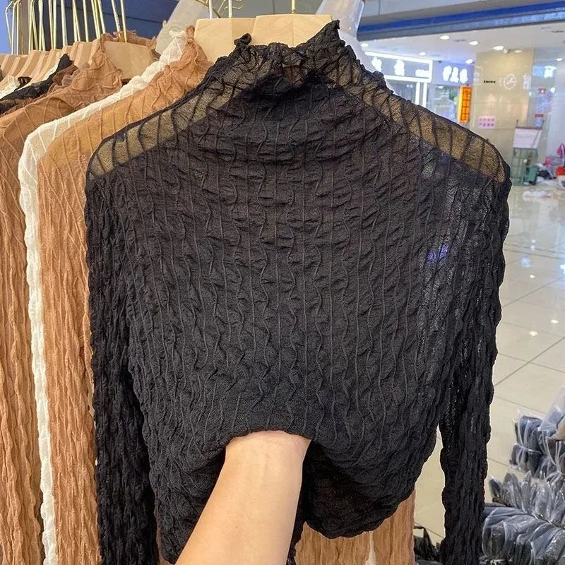 NEW Arrivals S-2XL 6 Colors European Style Polo/Turtle Neck Lace Base Layer Top Women's Long Sleeve 2021 Spring Autumn Thin Versatile Transparent Inner Top