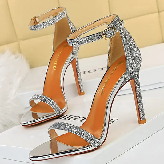 Women Summer Platform Sandals 10cm High Heels Silver Bling Sequins Ankle Strappy Sandles Lady Wedding Event Party Sparkly Shoes