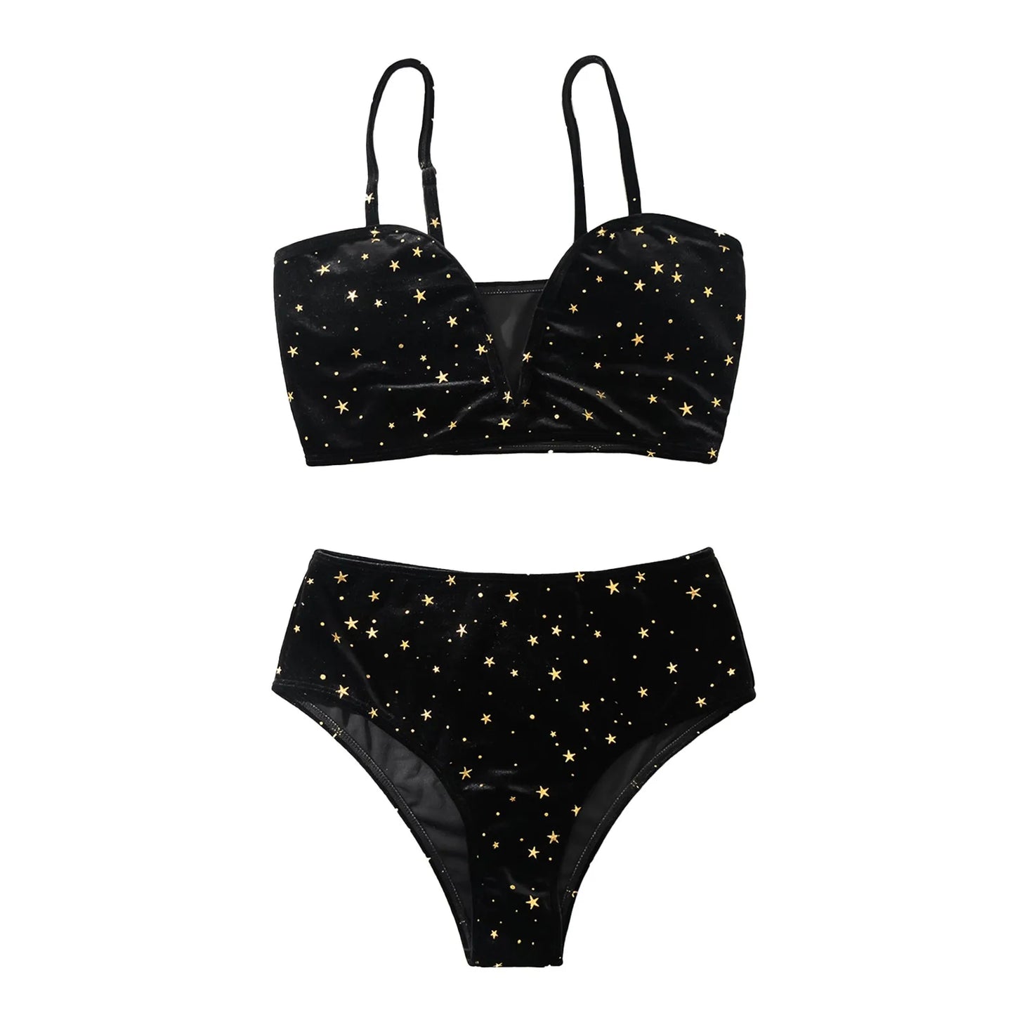 Ladies Sexy Three Point Bikini Swimsuit Fashion Black Velvet Glitter Printed Swimwear Summer Beachwear Swimming Two Piece Set