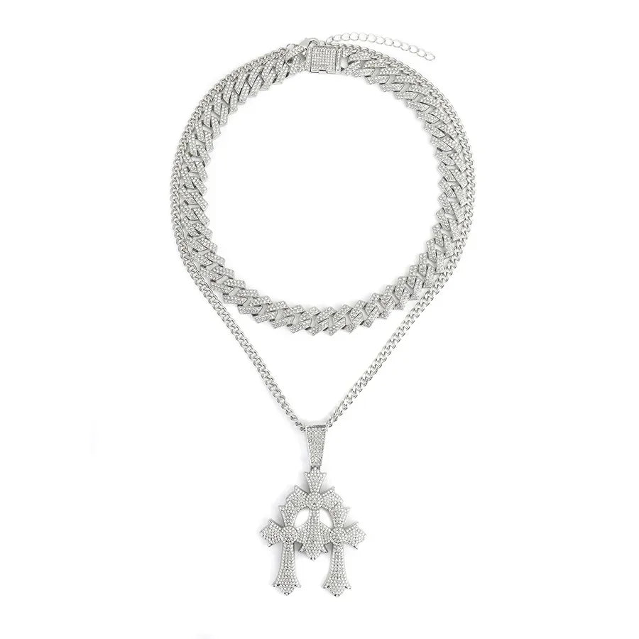 Three Crosses Classic Retro Mosaic Pendant Cuban Chain Trendy Hip Hop Pendant Necklace Women and Men Jewelry Accessories