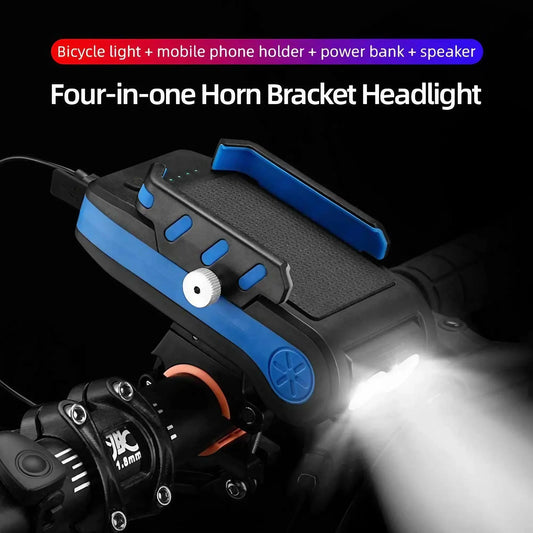 NEW Black/Blue/Red Color Rechargeable Bike Light Bike Flashlight LED Multifunction 4 IN 1 Set Bike Horn Holder Power Bank Bicycle Front Lamp Phone Stand Bicycle Accessories