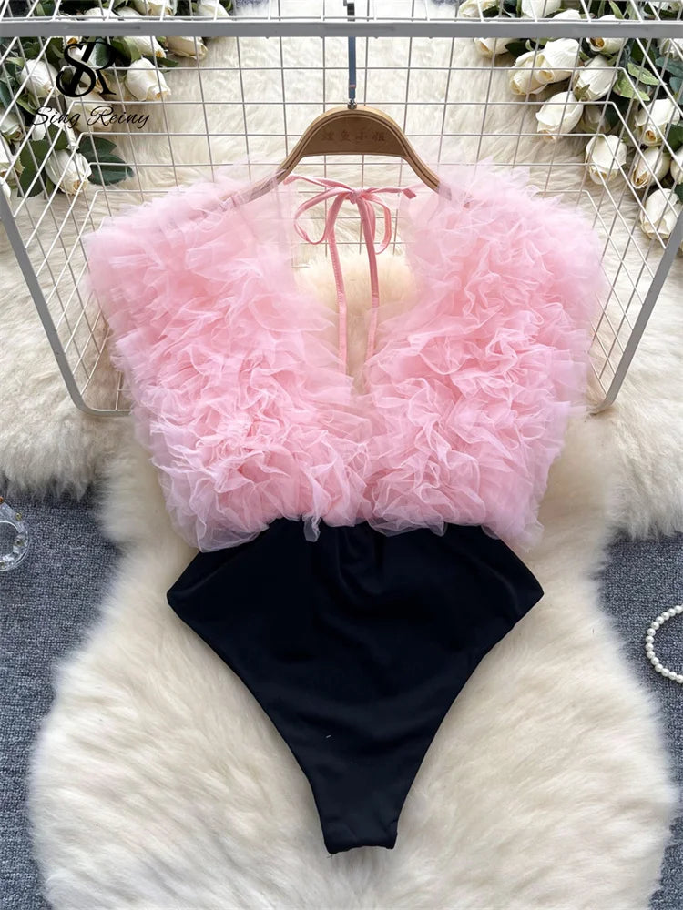 UK Size 5 Colors Sexy 3D Flowers Spliced Sheath Bodysuits Club Lace Up V Neck Playsuits Fashion Streetwear Backless Sensual Rompers