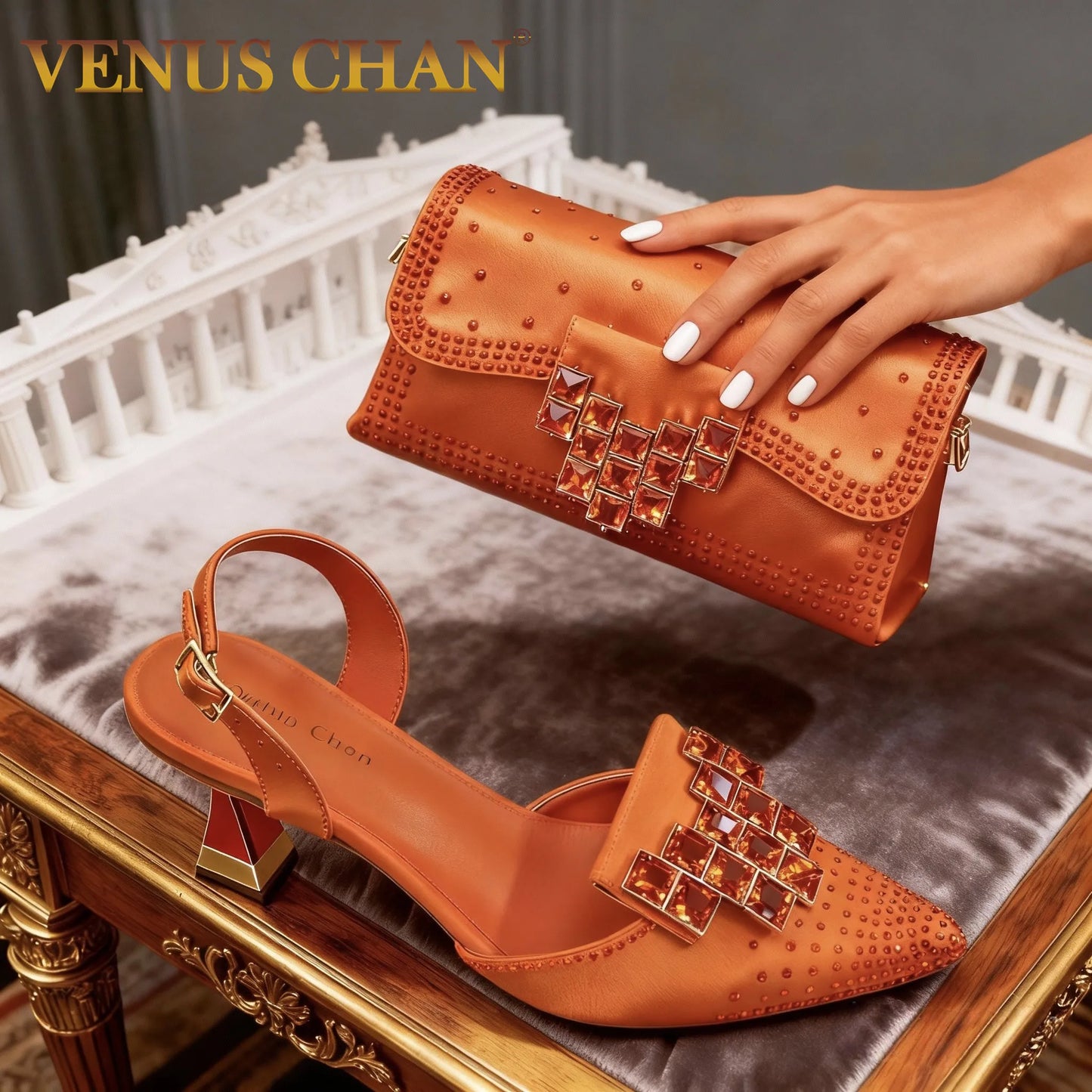 7 Colors Luxury Stylish Rhinestones High Heel Shoes & Matching Handbag - Elegant Pointed-Toe Footwear for Women, Ideal for Parties
