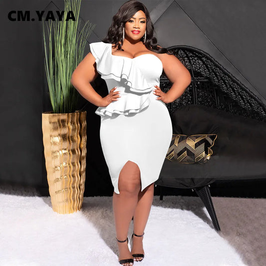 Plus Size Women Ruffles Shoulder Sleeveless Bodycon Midi Dress  Fashion INS Curve Sexy Party Club Dresses