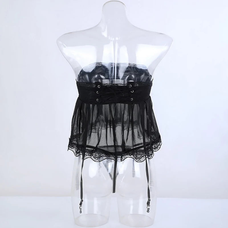 NEW Arrivals S-2XL Plus Size High Waist Garter Belt Panties Babydolls Erotic Lingerie Women Mesh Skirt Sexy Tanga Suspenders Baby Doll Dress