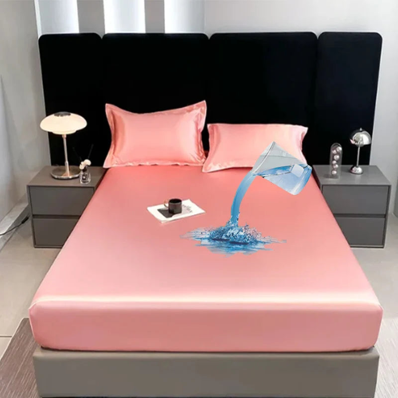 10 Colors Home Hotels Luxury Satin Waterproof Fitted Sheet Silky Solid Color Bed Sheet Breathable Elastic Band Sheets Smooth Bedsheet Mattress Cover