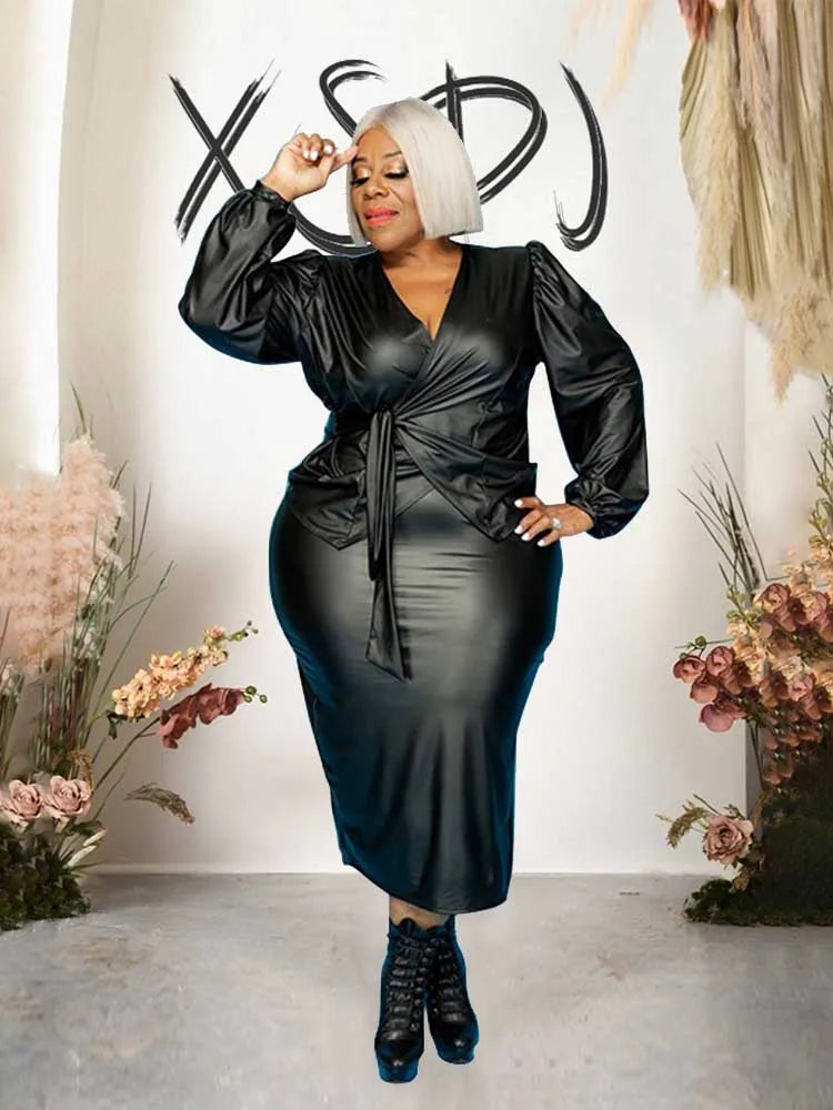 2 PCS Set XL-5XL Plus Size Blue/Black Color Curvy Women's Winter  Leather Blazer and Skirt Ladies Outfits Elegant Stretchy Top Quality PU Leather Skinny Matching Sets