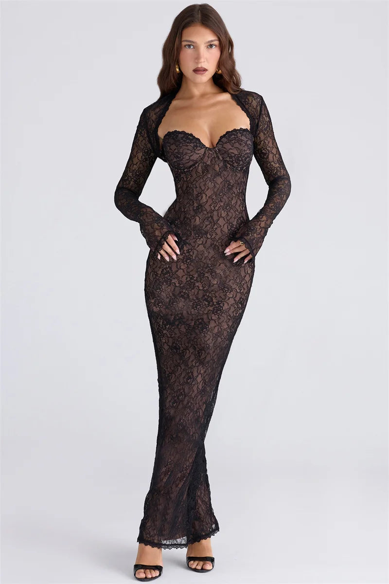 NEW UK Size Mini/Maxi Sexy Dress Lace Long Sleeve Sexy Short + Long Dress Women Elegant Square Collar Strapless Backless Split Bodycon Club Party Long Dress