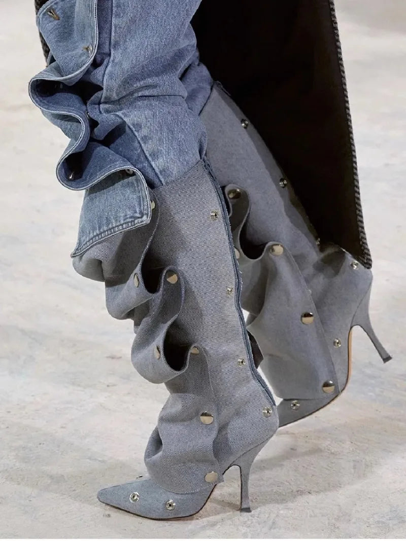 Just Arrived 7 Colors High Heel Long Boots for Women Botte Winter Boots Shoes Botas Mujer Thin Heeled Pointed Leather Denim Metal Button Shoe s Women Casual Apparel Accessories
