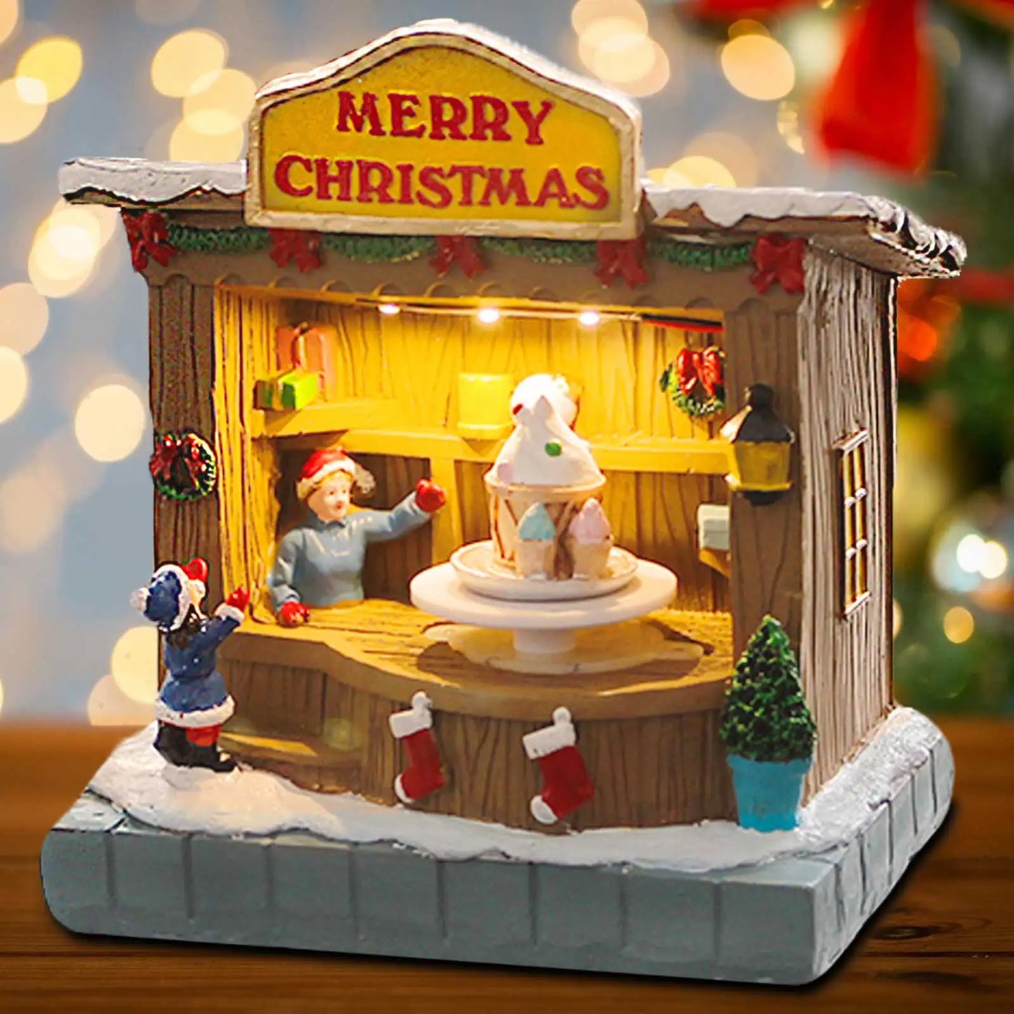 Animated Christmas Village Accessories Decor with Music and LED Lights - Bring Festive Cheer to Your Home with Our Ice Cream Shop