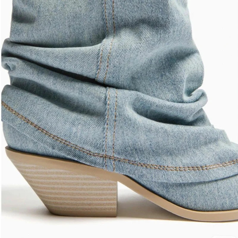 New Blue Denim Knee High Boots Women Pointed Toe Thick Heels Western Boots Woman Pleated Pull-On Long Cowboy Botas Mujer
