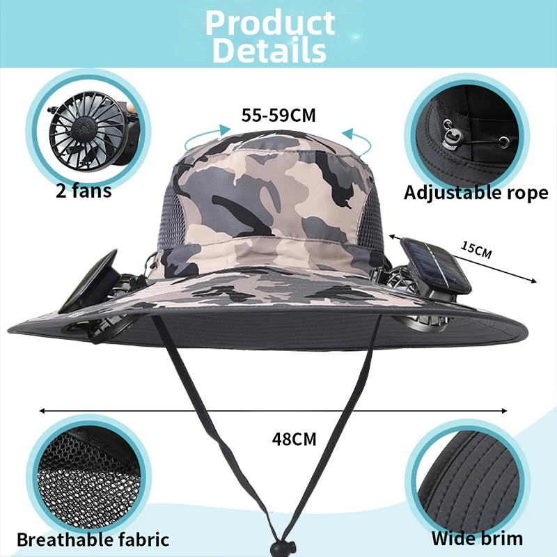 Japanese Solar Air Cooler Powered Fan Cooling Cap, High Wind Power, Summer Outdoor Beach Camping Hiking , Cross-Border, Large Brim, UV Fishing, Sun Visor, Hiking Caps
