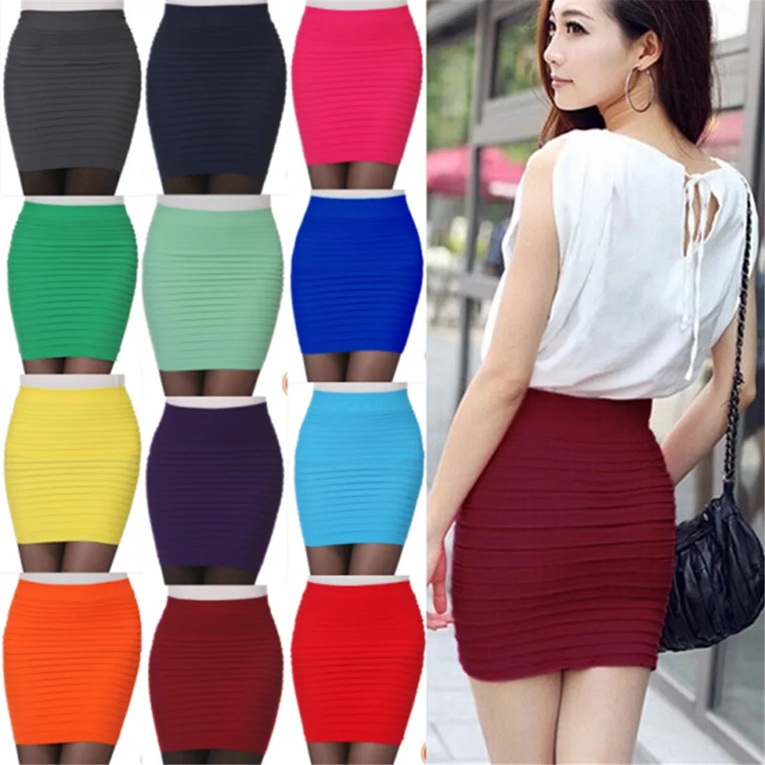 15 Colors Summer Women High Waist Skirt Solid Color Elastic Pleated Skirt For Office Lady Draped Slim Mini Skirt Sexy Lady Pencil Skirts