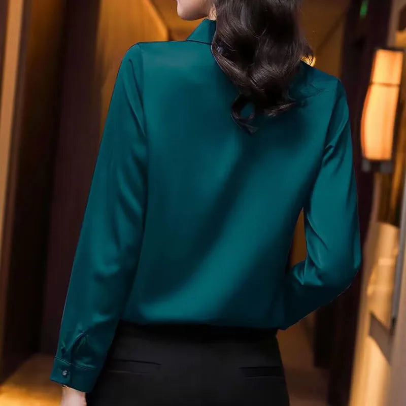 NEW Arrivals S-2XL UK Size White/Dark Green Color Elegant Women Chiffon Blouse New Temperament Turndown Collar Office Lady Shirt Streetwear Casual Solid Color Tops Clothing