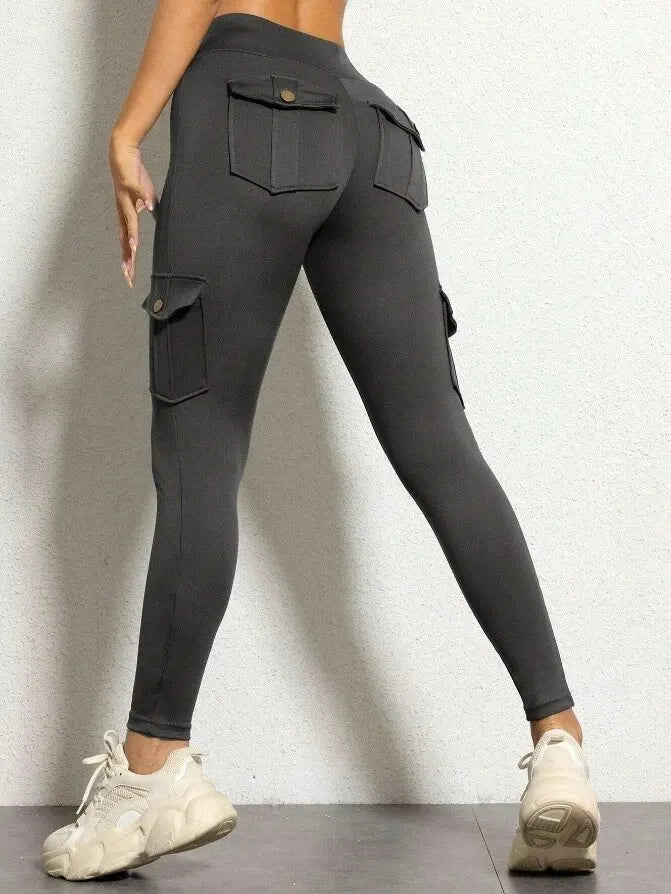 Women's Solid Color High Waisted Fitness Yoga Pants, Practical Pocket Sports Workwear Pants