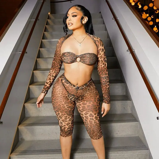 New Sexy Fashion Leopard Transparent Mesh  Long Sleeve Shawl With Lace-Up Tube Tops Perspective Sexy Pant Sets Women Clothing Evening Nightclub Party Outfits Ladies Girls Sexy Fashion Clothing Supplies