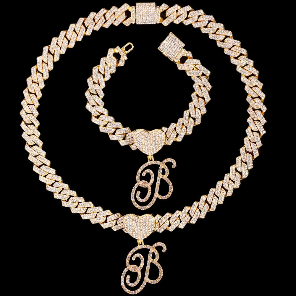 2 PCS Set New Fashion A-Z Initial Cursive Letter Luxury Rhinestones Pendant Cuban Necklace for Women Iced Out Cuban Link Chain Necklace Set Jewelry