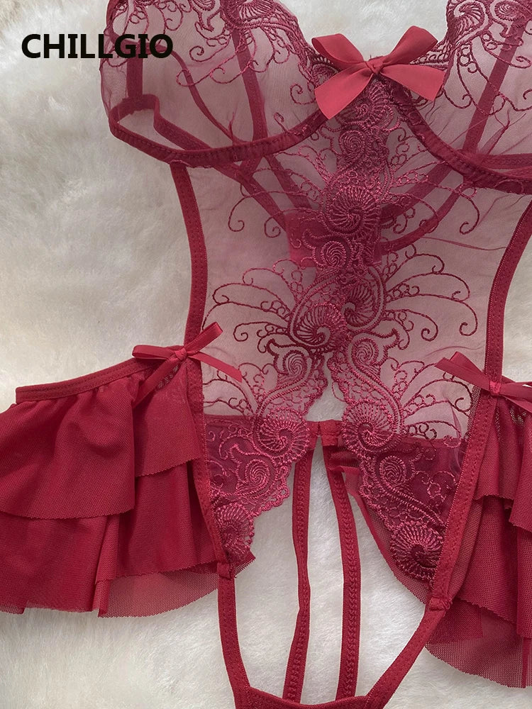 Women Sexy Transparent Mesh Strappy Bodysuits Erotic Backless Catsuits Hollow One Piece Floral Lace Combination Rompers