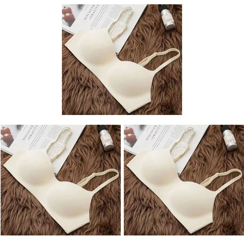 NEW Arrivals 3 PCS Set Black/White/Skin/Brown Color Women's Thin Wireless Bras Girl Seamless Push Up Bra Female Comfortable V-Shaped Underwear Lady Breathable Comfort Lingerie