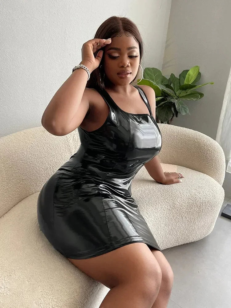 NEW Arrivals L-7XL Extra Plus Size  Luxury Women Girls Summer Sleeveless Synthetic PVC Leather Latex Dress Mini Dress Square Collar Evening Night Clubwear Wedding Birthday Party  Outfit Bodycon Female Ladies Luxury Fashion Cl
