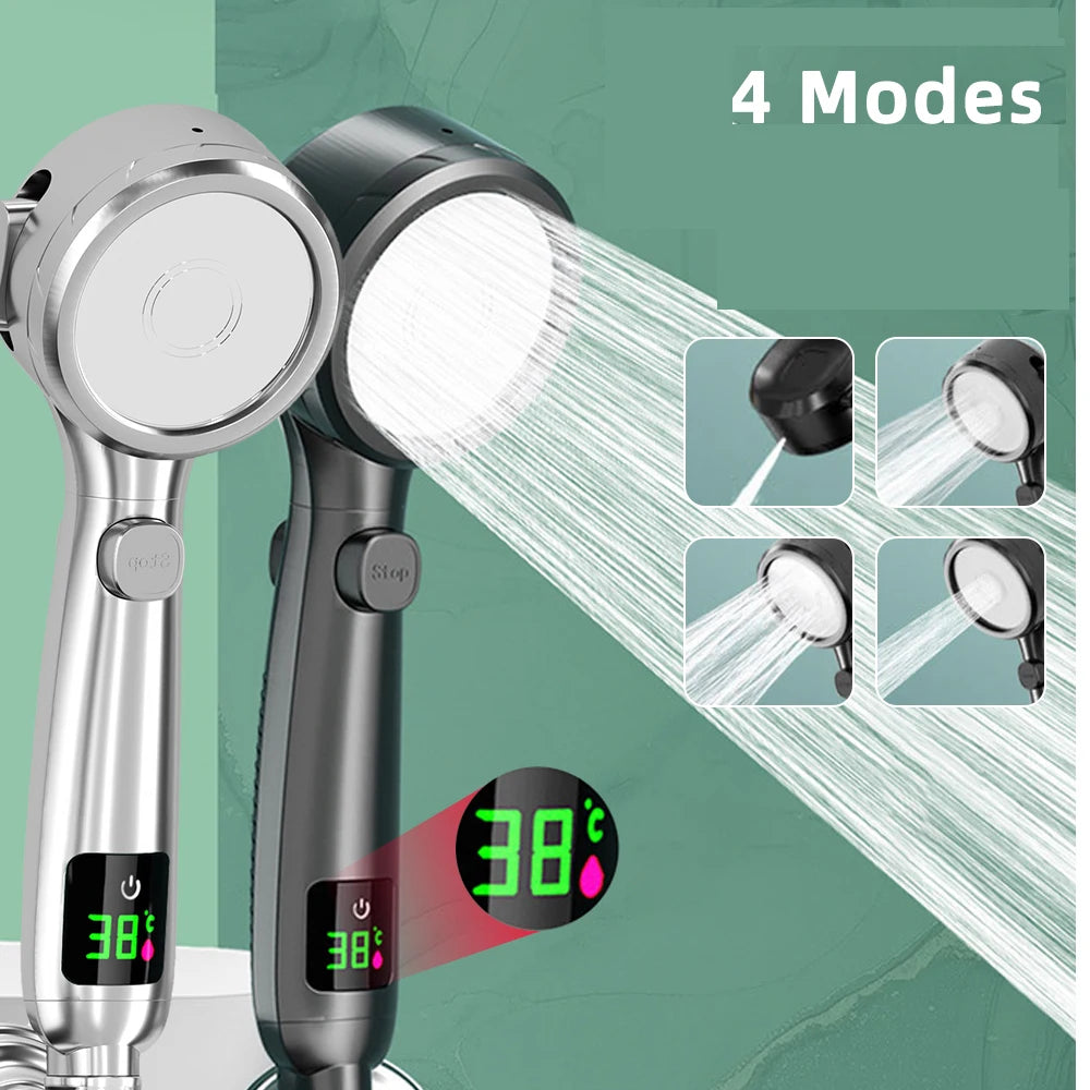High Pressure Handheld Bathroom Shower Head Water Saving Showerhead Pressurized Adjustable Spray LED Digital Temperature Display
