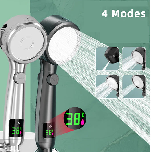 High Pressure Handheld Bathroom Shower Head Water Saving Showerhead Pressurized Adjustable Spray LED Digital Temperature Display