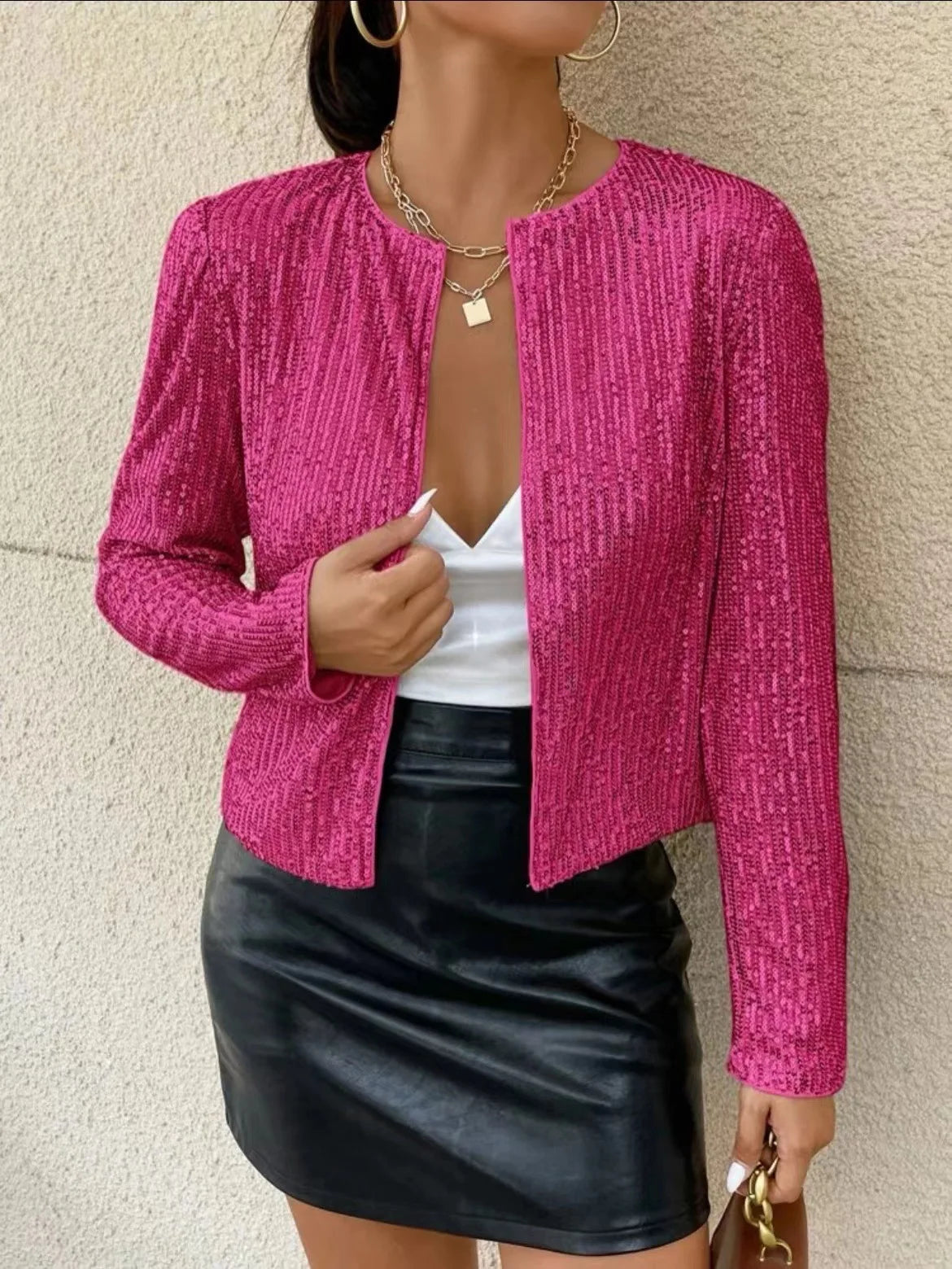 S-3XL Plus Size Elegant Chic Blazer Shining Sequins Short Coat New Fashion Long Sleeve O-Neck Cardigan Jacket Open Front Outwear Female Clothing Supplies