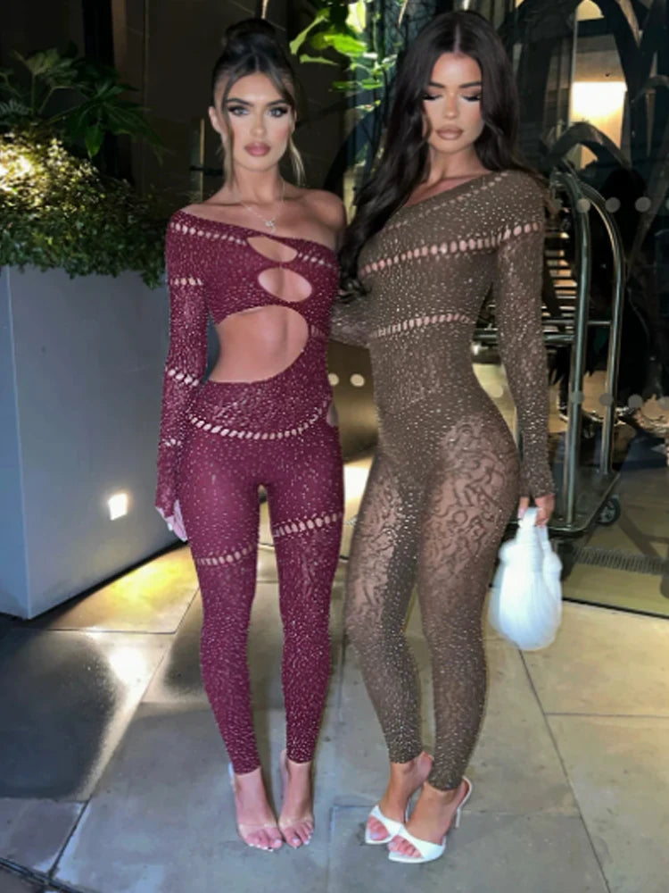 8 Colors Sexy Shine Rhinestones Jumpsuits Women Irregular Hollow Skew Collar Single Sleeve Hottie Sexy Coquettish Clubwear Overalls