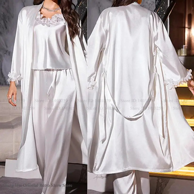 NEW 3PCS Set S-XL 6 Colors Ice Silk Luxury Spring Autumn New Female Honeymoon Pajamas Sleepwear Sexy Lace Long Bath Robe Kimono Gown Home Wear Loose Satin Loungewear