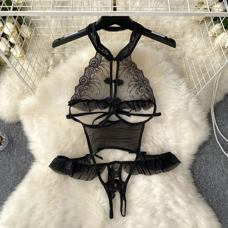 NEW Arrivals Red/Black See-Through Sleeveless Halter Playsuits Lace Sheer Open Crotch Lingerie Rompers Women Erotic Hollow Sexy Bodysuits Party Jumpsuit