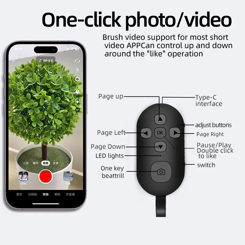 NEW Bluetooth Wireless Remote Control Phone Selfie Video Controller for Android IOS Compatible Remote Button Rechargeable Type-C
