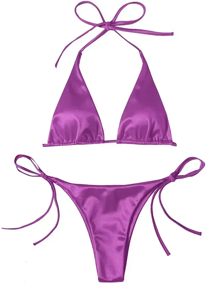 18 Colors UK Size Halter Brazilian Metallic Satin Bikini Women Swimwear Female Swimsuit Two-pieces Bikini Set High Cut Bathing Suit Swim Beachwear