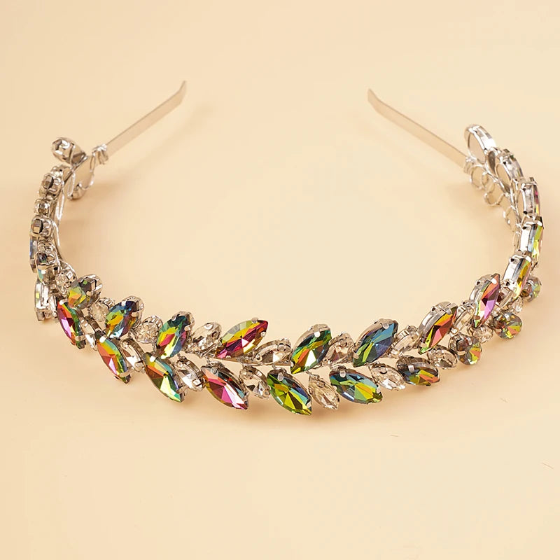 Australian Opal Stones 12 Color Luxury Bride Crystal Wedding Headband Silver Blue Red Bridal Headpiece Sparkly Rhinestones Hair Jewelry Accessories for Women and Girls
