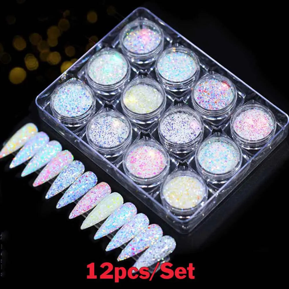 Set Sparkly Holographic Fine Sugar Nail Powder Diamond Chrome Pigment Dust For Gel Polish Glitter Manicure Accessories