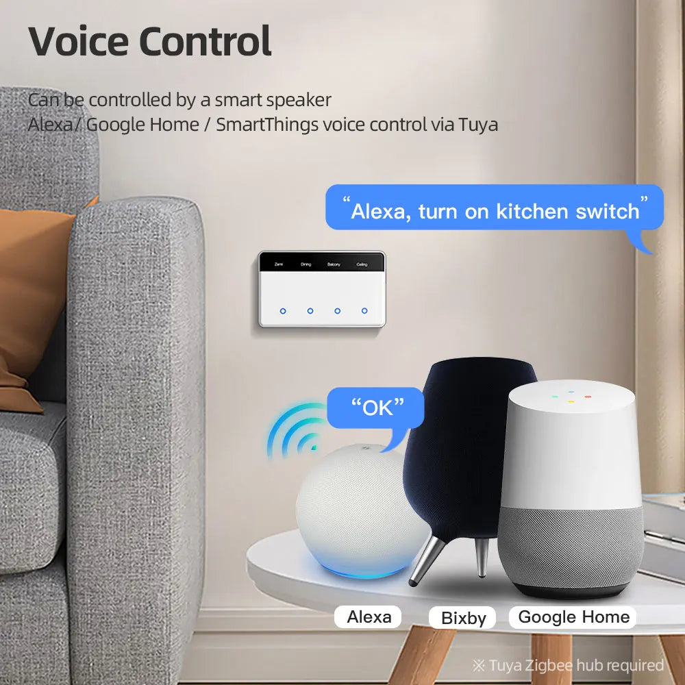 4 Gangs Zigbee App Control DIY Name Switch Horizontal Display Touch Screen US Light Switch Works with TUYA Alexa Google Home Voice Control Home Office Lighting Accessories