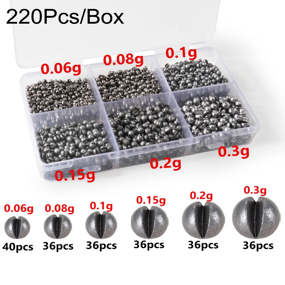 500 PCS Set Split Shot Fishing Sinkers 0.06g-5g 10 Removable Clip-On Alloy Weights 2mm-9.4mm Tackle Box  for Freshwater Saltwater Lake River Sea Boat Fishing Accessories Tools Set