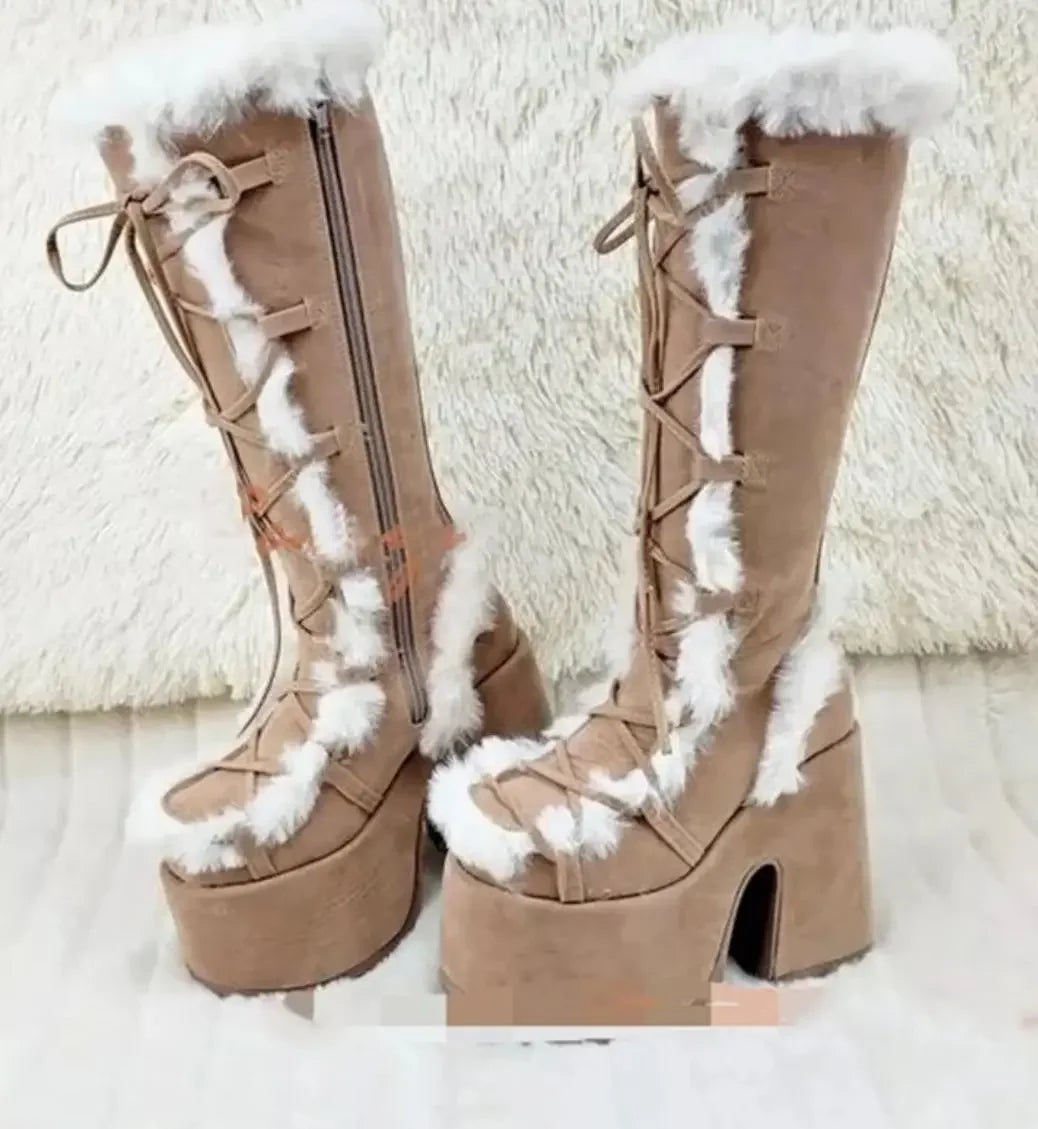 New Arrivals Winter Women Snow Boots Platform Wedge High Heel Rabbit Fur Lady Shoes Female Plush Warm Non-Slip Mid Calf Boots Goth Shoes Girls Footwear Supplies