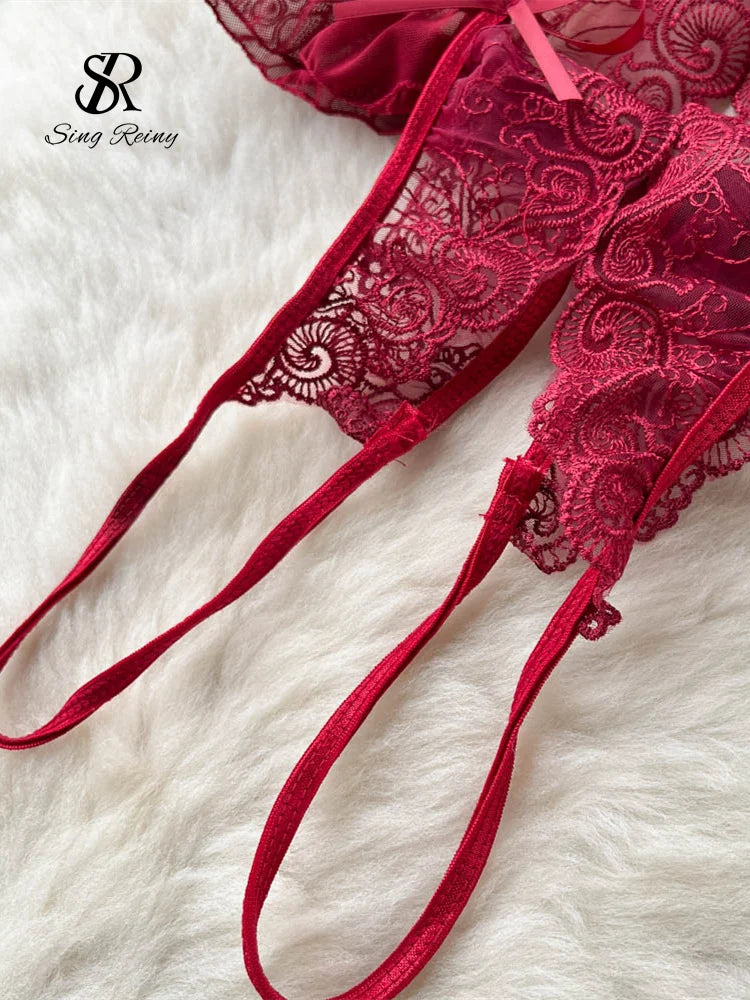 Sensual Lace Ruffles Porno Rompers Female Halter Hollow Out Slim Playsuits Women Open crotch Erotic Lingerie Bodysuits