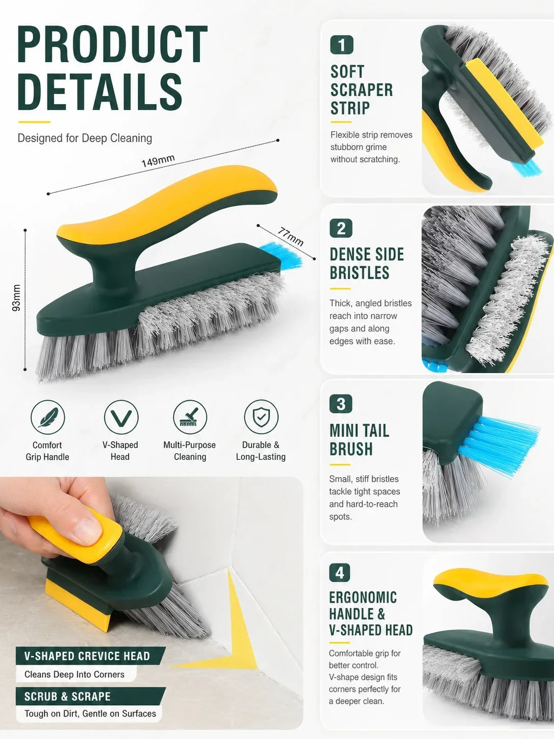 NEW 2 in 1 Hard Bristle Multi-Purpose Window Grooves Crevice Gap Scrubber Brush, Scraper for Tile Floors, Bathroom Corner Kitchen and Wall Gap Cleaning Tool
