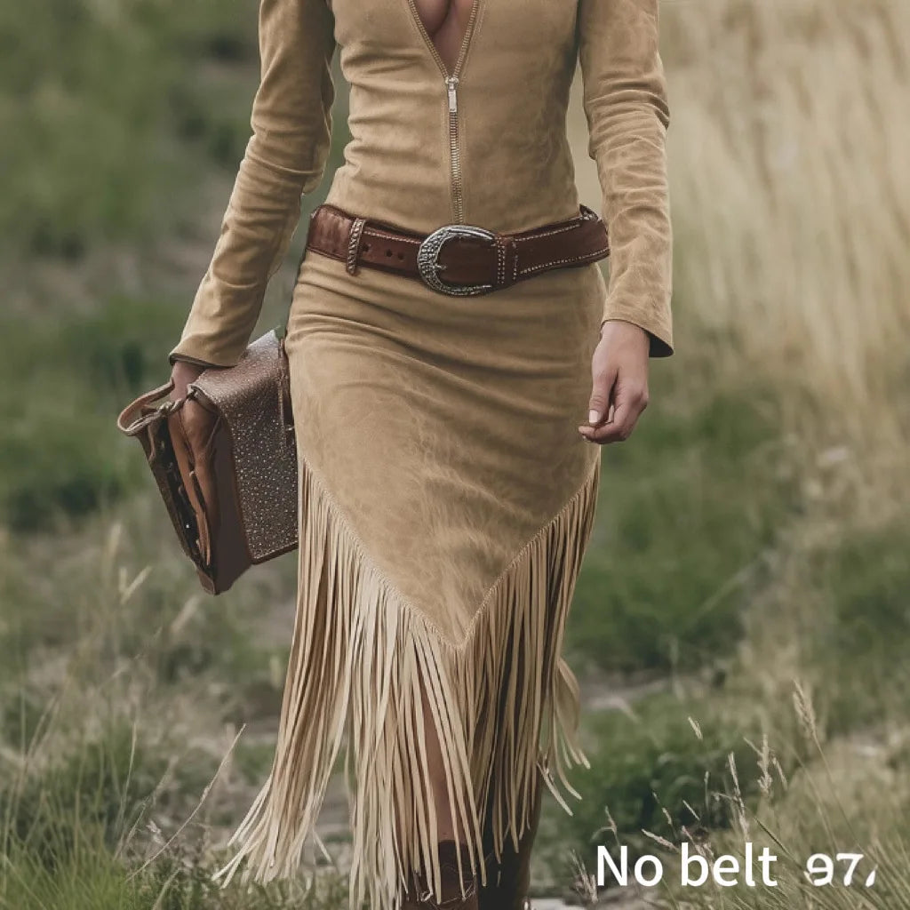 S-2XL Plus Size Ladies Vintage Western Turn-Down Collar Front Zipper Tassel Long Sleeve Midi Dress Elegant Commute Style